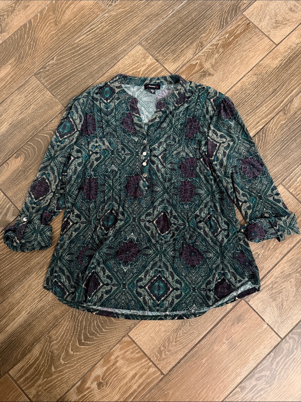 Cocomo Teal and Purple Geometric Henley Blouse - XL